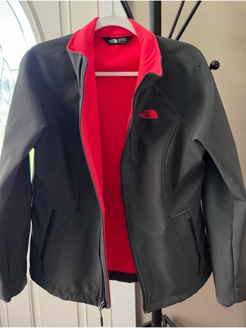 The North Face Women’s Dark Grey Softshell Jacket with Pink Fleece Lining